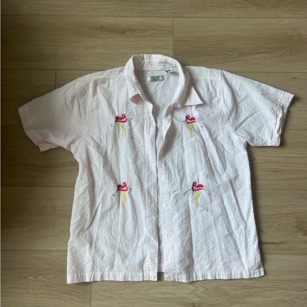Pink Button Down Shirt with Embroidered Flamingos